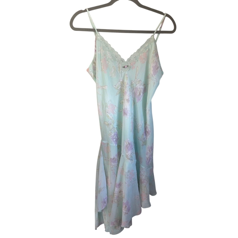 Vtg California Dynasty Mint Floral Lace Trim Asymmetrical Slip Dress Nightgown M